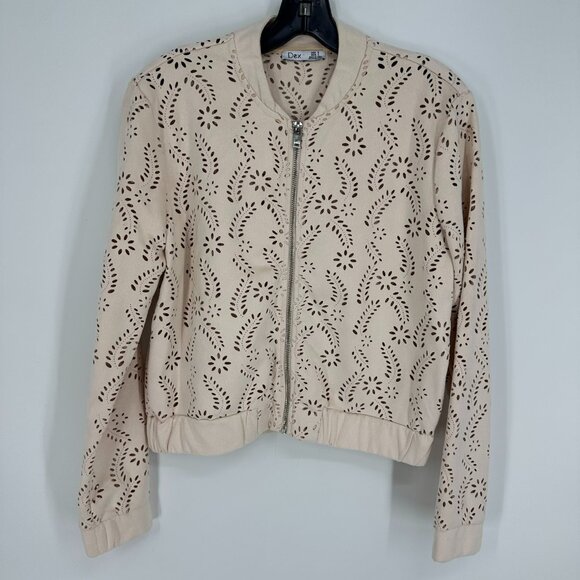 3/$25 Dex Faux Suede Bomber Jacket S Eyelet Floral Laser Cut Out Zip Up Beige - Picture 3 of 9